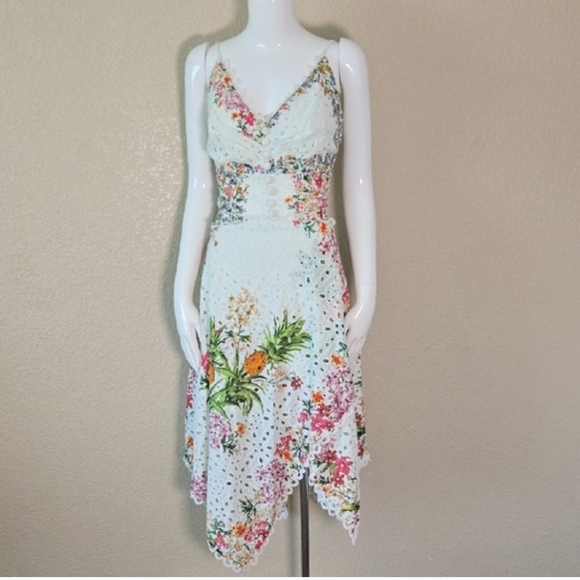 farm rio asymmetrical dress Green Monstera Embroidery Midi Dress
